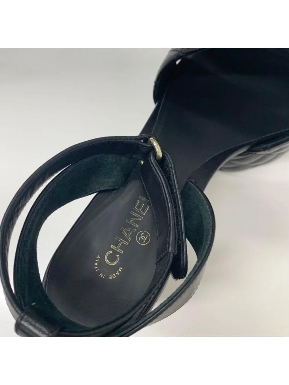 Chanel CC Logo Leather Quilted Strap Sandals Black